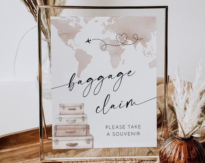 Baggage Claim Sign, Travel Theme Baby / Bridal Shower, World Map, Luggage, Favor Sign, Printable, Instant Download, Templett, 8x10 #0039-01S