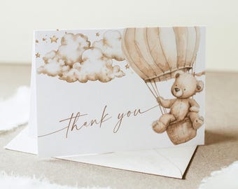 Teddy Bear Thank You Card, Bearly Wait Baby Shower, Neutral, Flat & Folded Card, Editable Template, Instant Download, Templett #0063-243TYC