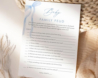 Baby Family Feud Game, Coquette Blue Bow Boy Baby Shower Game, Answers Included, Editable Template, Instant Download, Templett #0057-06BAG