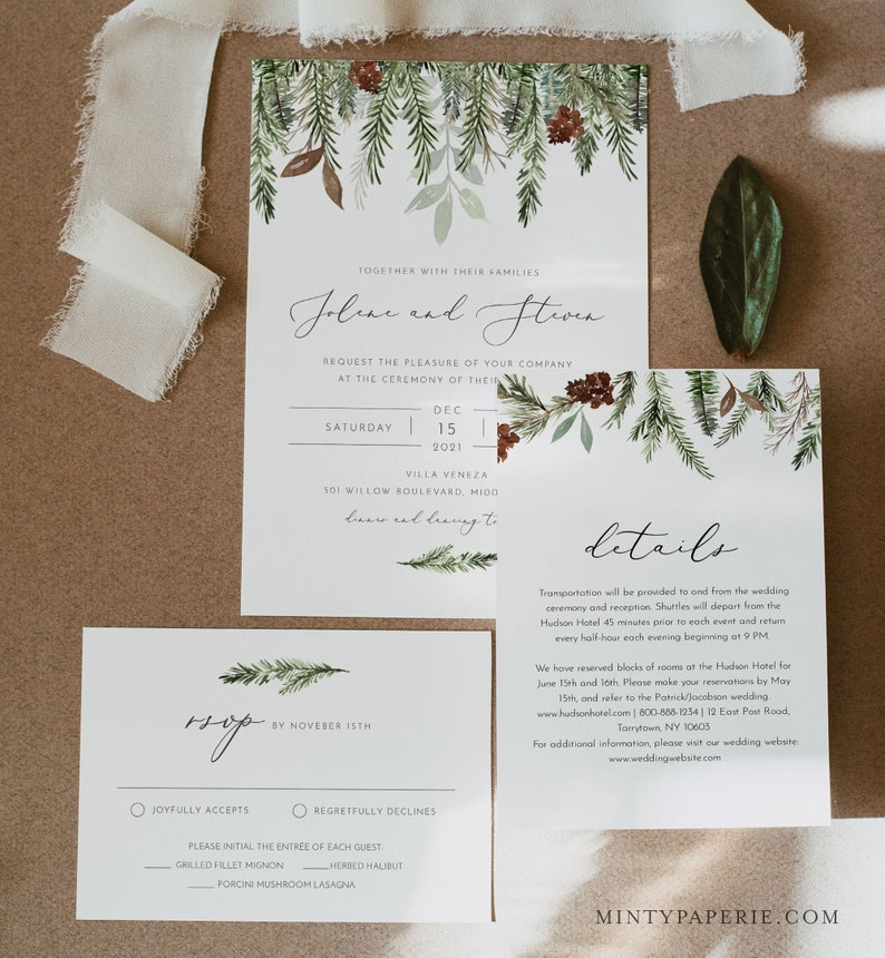 Templett #0017 Christmas Instant Download Detail RSVP Winter Wedding Invitation Set Minimalist Pine Wedding Invite Editable Template