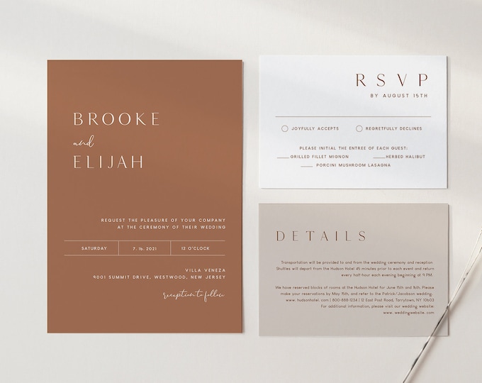 Minimal Wedding Invitation Set, Neutral, Earthy, Bohemian, Terracotta, Editable Template, Printable, Instant Download, Templett #0020A