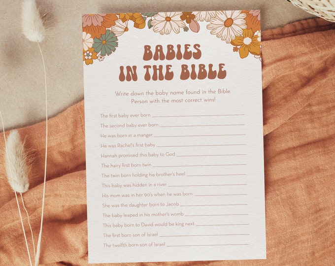 Babies in the Bible Game, Retro Groovy Baby Shower Game, Religious, Biblical, Editable Template, Instant, Templett, 5x7 #050-328BASG