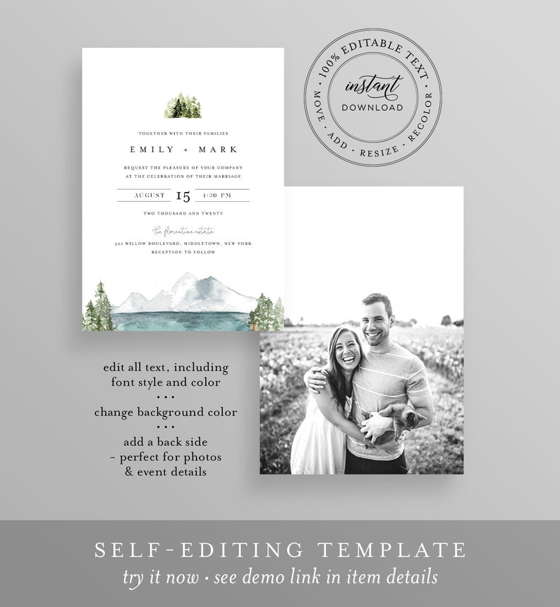 Lake Wedding Invitation Set, Lakeside, Mountain, Woodland Pine, Rustic Wedding, Editable Template, Instant Download, Templett 017A image 5