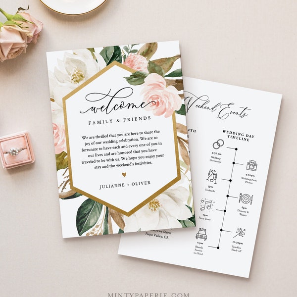 Wedding Welcome Letter & Itinerary Template, Order of Events Timeline, Welcome Bag Note, INSTANT DOWNLOAD, 100% Editable Text #015-121WB
