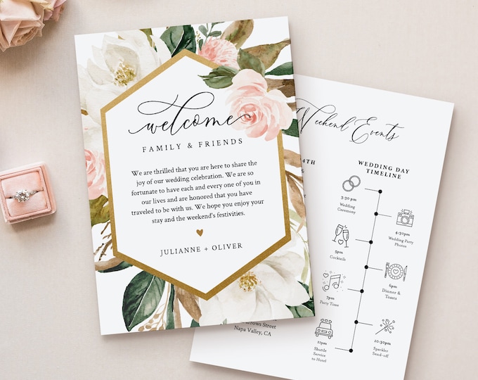 Wedding Welcome Letter & Itinerary Template, Order of Events Timeline, Welcome Bag Note, INSTANT DOWNLOAD, 100% Editable Text #015-121WB