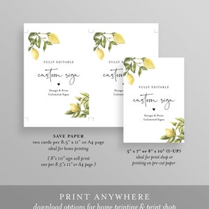 Lemon Custom Sign Template, Citrus Greenery Wedding or Bridal Shower Table Sign, Create Any Sign, INSTANT DOWNLOAD, Templett 089-152CS image 4