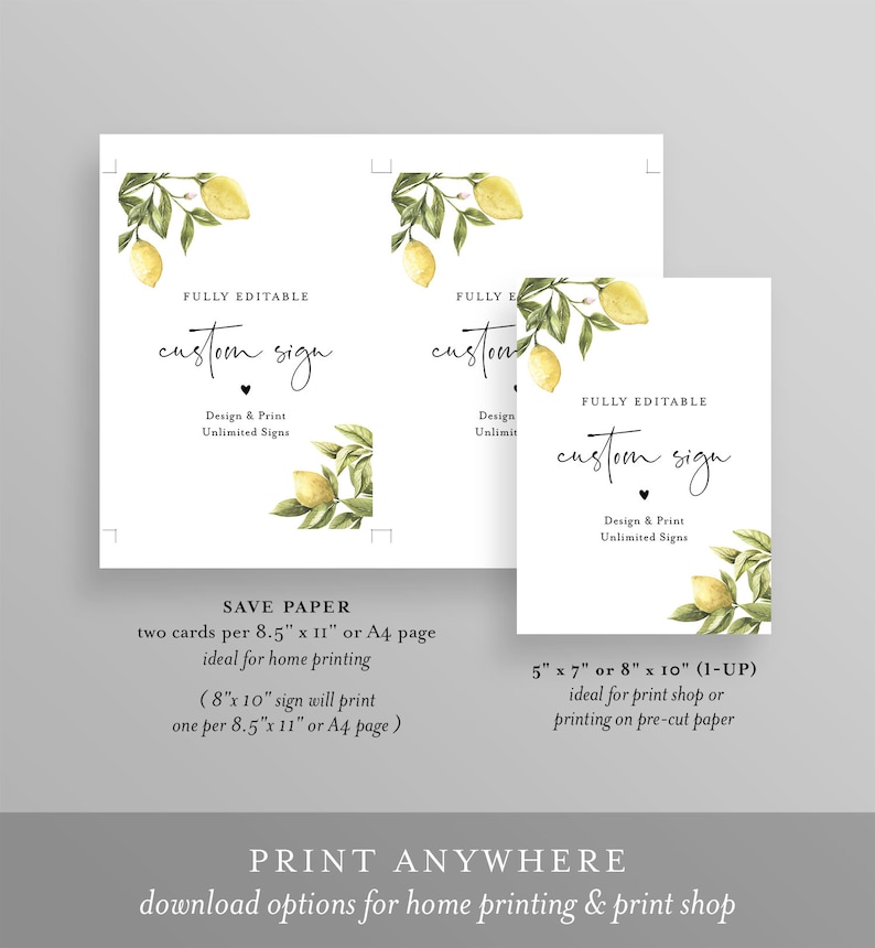 Lemon Custom Sign Template, Citrus Greenery Wedding or Bridal Shower Table Sign, Create Any Sign, INSTANT DOWNLOAD, Templett 089-152CS image 4