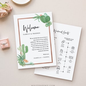 Carta de bienvenida de cactus y plantilla de línea de tiempo, Orden de eventos, Nota de bolsa de bienvenida de boda e itinerario, DESCARGA INSTANTE, Editable #086-131WB