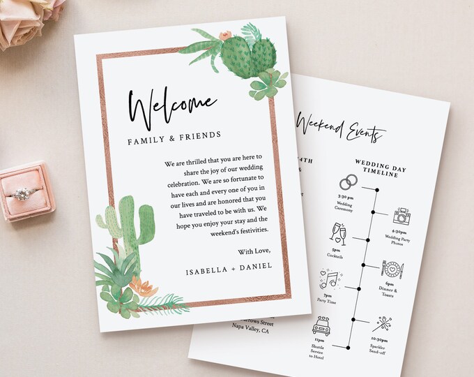 Cactus Welcome Letter & Timeline Template, Order of Events, Wedding Welcome Bag Note and Itinerary, INSTANT DOWNLOAD, Editable #086-131WB