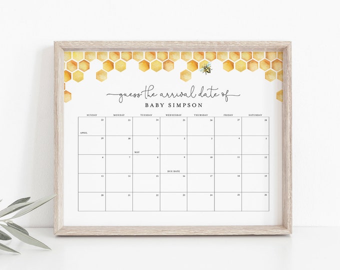 Baby Due Date Sign, Guess the Birthday Baby Shower Game, Bee Calendar, Printable, Editable Template, Instant Download, Templett #097-105GDD