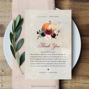 Pumpkin Thank You Letter, Napkin Note, Printable Wedding Menu Thank You ...