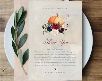 Pumpkin Thank You Letter, Napkin Note, Printable Wedding Menu Thank You, Editable Template, INSTANT DOWNLOAD, Templett, 4x6 #072A-123TYN