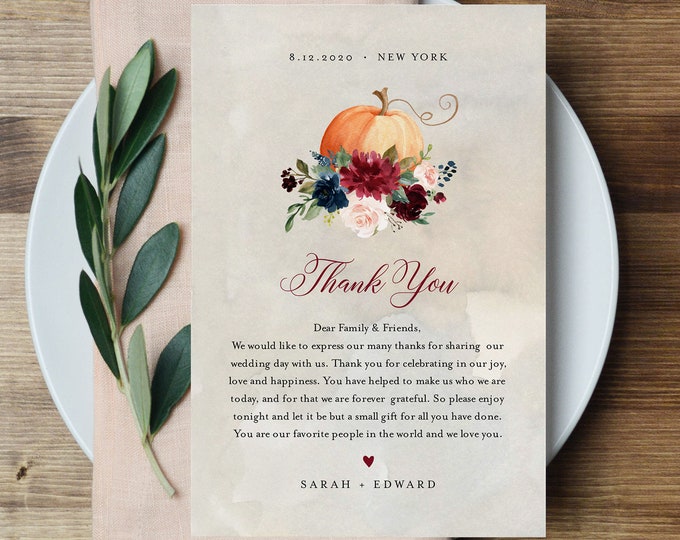Pumpkin Thank You Letter, Napkin Note, Printable Wedding Menu Thank You, Editable Template, INSTANT DOWNLOAD, Templett, 4x6 #072A-123TYN