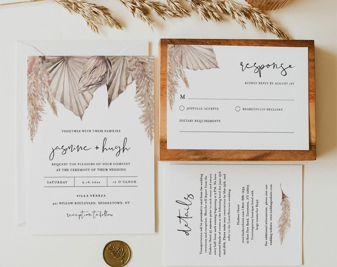 Bohemian Wedding Invitation Set, Boho Dried Foliage, Pampas, Palm Wedding Invite, RSVP, Detail, Editable Template, Instant Download #0022A