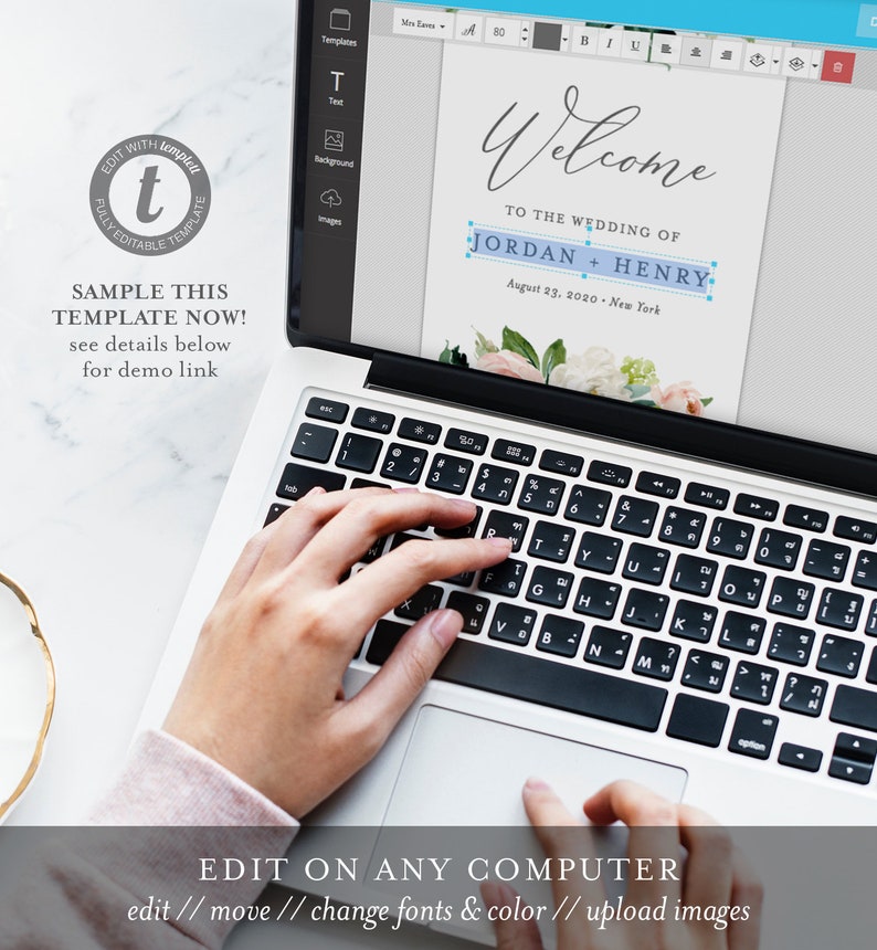 May include: A laptop computer with a wedding welcome sign displayed on the screen. The sign is white with a floral design and the text "Welcome to the wedding of Jordan + Henry August 23, 2020 - New York". The text "Edit on any computer edit // move // change fonts & color // upload images" is displayed below the laptop.