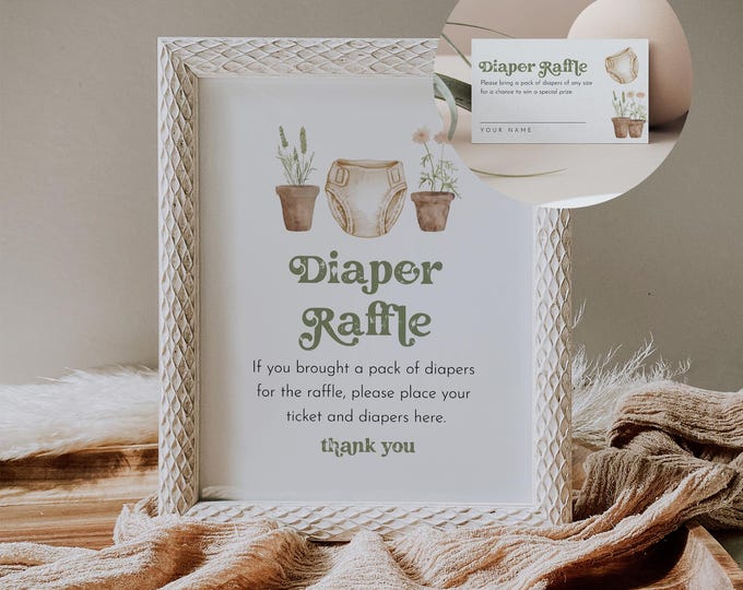 Diaper Raffle Game, Printable Locally Grown Garden Baby Shower Diaper Raffle Insert & Sign, Gender Neutral, Editable Template #0059-20BAG