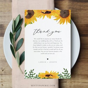 Carta de agradecimiento de girasol, nota de servilleta, imprimible en lugar de tarjeta de favores, plantilla editable, descarga instantánea, Templett 4x6 #0010-157TYN
