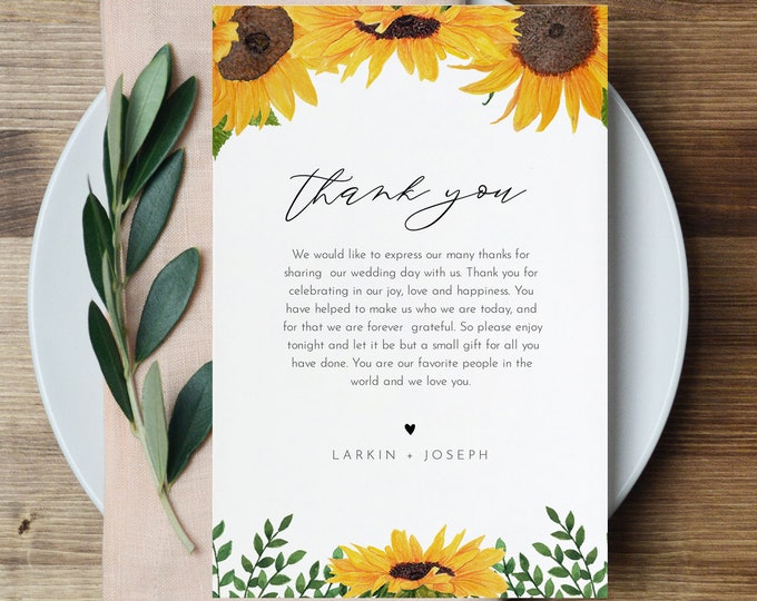 Sunflower Thank You Letter, Napkin Note, Printable In Lieu of Favors Card, Editable Template, Instant Download, Templett 4x6 #0010-157TYN