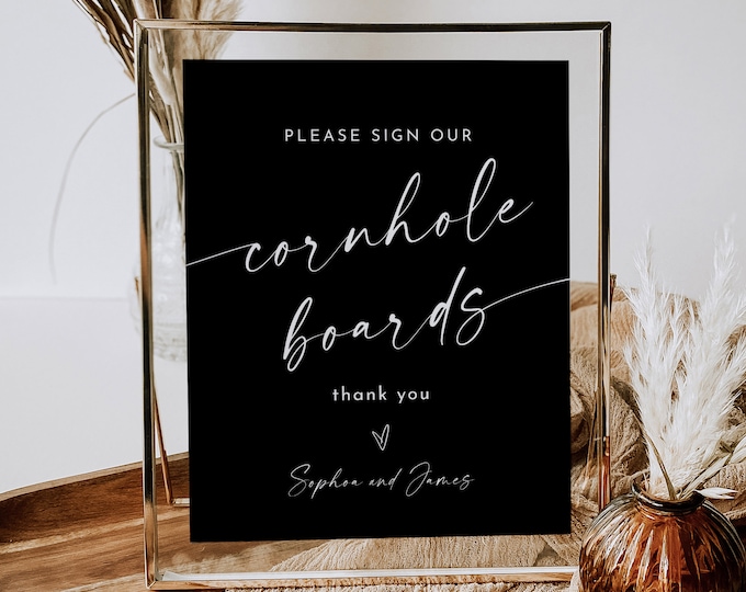 Cornhole Board Guestbook Sign, Sign Our Cornhole, Editable Template, Guest Book Alternative, Classic Black Wedding Table, 8x10 #0034B-45S