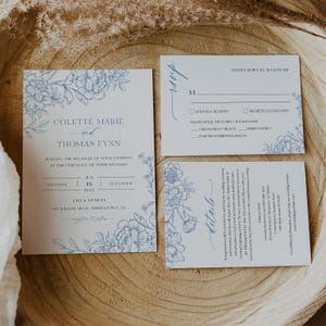 French Toile Wedding Invitation Set, Vintage Blue Florals, Chinoiserie, Wedding Invite, RSVP, Detail, Editable Template, Templett #0062B