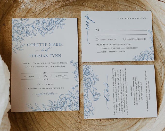 French Toile Wedding Invitation Set, Vintage Blue Florals, Chinoiserie, Wedding Invite, RSVP, Detail, Editable Template, Templett #0062B