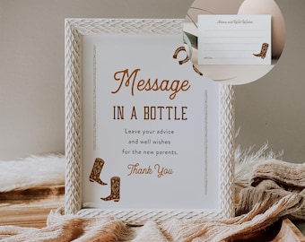 Message in a Bottle Sign, Western Baby Shower, Advice and Well Wishes, 100% Editable Template, Instant Download, Templett  #0040-23BAG