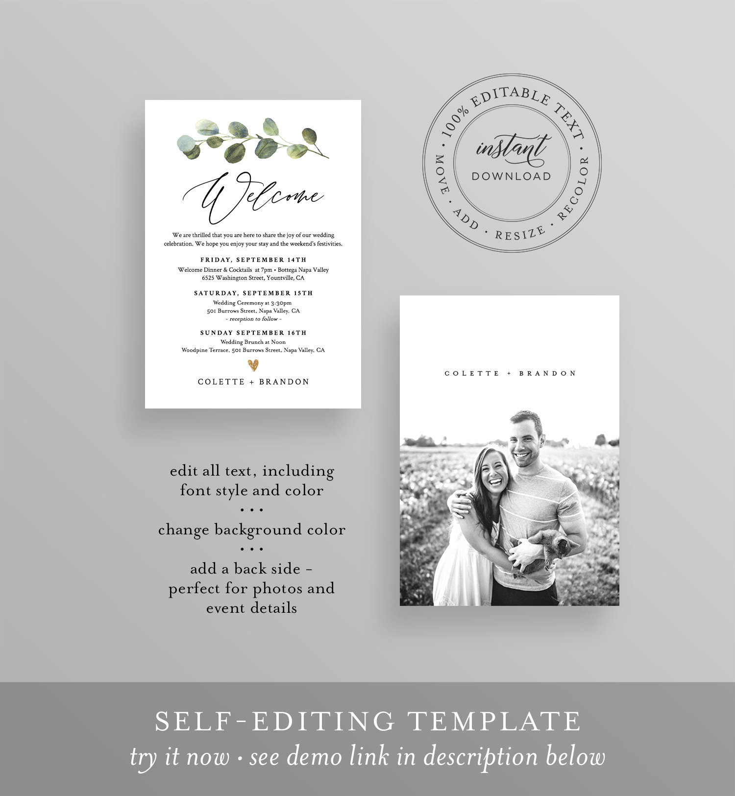 Wedding Itinerary Cards Template, Wedding Welcome Bag Tags