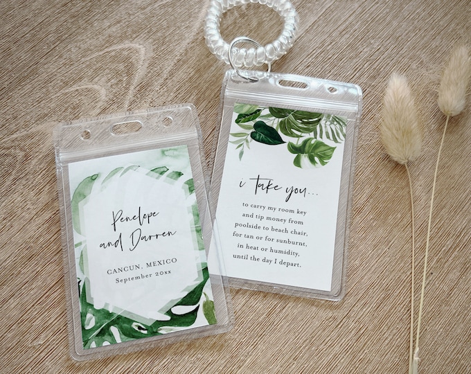 Wedding Room Key Card Tag Template, Printable Tropical Palms Key Card Pocket, Destination Wedding, Instant Download, Templett #099-103RKH