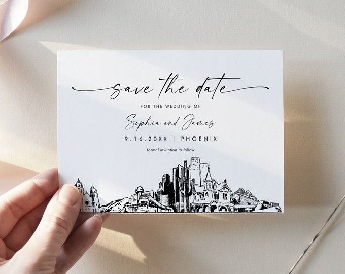 Phoenix Skyline Save the Date, Destination Wedding Phoenix AZ Wedding Date, Editable Template, Instant Download, Templett, 5x7 #0047-212SD