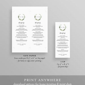 May include: White wedding menu cards with a botanical wreath design. The menu includes the text "menu", "First Course", "Second Course", "Main Course", and "Dessert". The text "Colette + Brandon 9.22.2020" is also included.