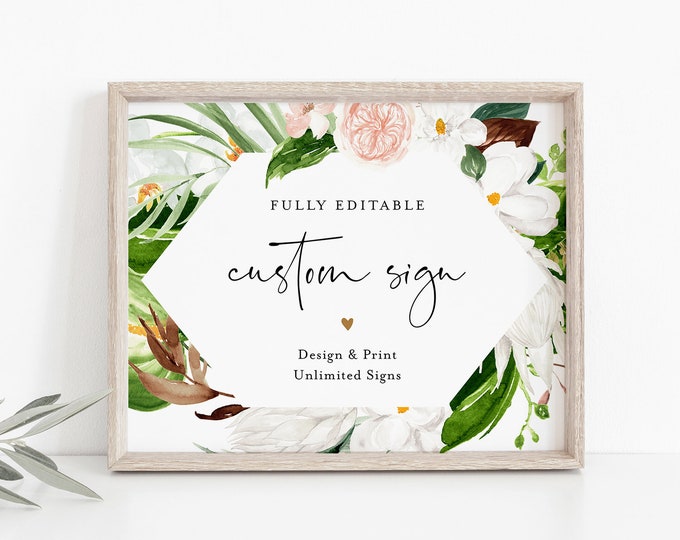 Tropical Custom Sign Template, Wedding or Bridal Shower Table Top Sign, Create Any Sign, INSTANT DOWNLOAD, Templett, 5x7, 8x10 #079-139CS