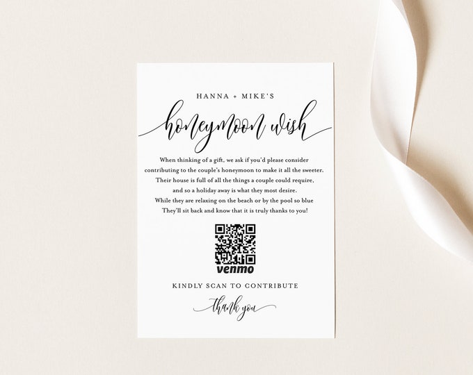 Honeymoon Fund Card, Venmo Honeymoon Wish Insert, Wedding Cash Gift, Minimalist, Editable Template, Instant Download, Templett #008-182EC