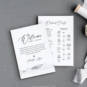 Mountain Welcome Letter & Timeline Template, Rustic Wedding Order of Events, Itinerary, INSTANT DOWNLOAD, 100% Editable Text #004-132WB