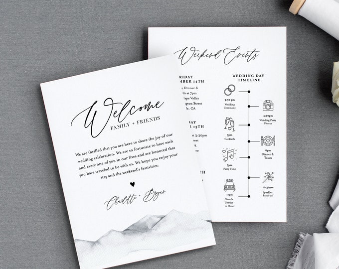 Mountain Welcome Letter & Timeline Template, Rustic Wedding Order of Events, Itinerary, INSTANT DOWNLOAD, 100% Editable Text #004-132WB