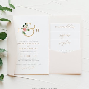 Ensemble d’invitations de mariage Pocket Fold, cartes d’invitation et de boîtier de monogramme floral Boho, téléchargement instantané, modèle modifiable, Templett #043CPF