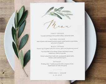 Wedding Menu Card Template, Watercolor Olive Greenery & Gold Wedding Dinner Menu Card, INSTANT DOWNLOAD, Editable Text, Printable #081-138WM