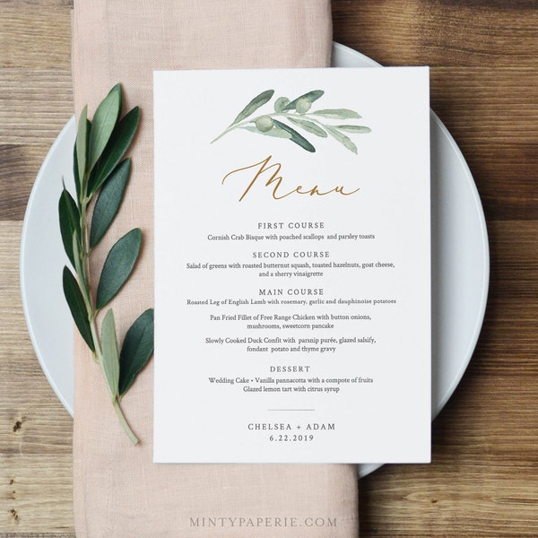 Wedding Menu Card Template, Watercolor Olive Greenery & Gold Wedding Dinner Menu Card, INSTANT DOWNLOAD, Editable Text, Printable #081-138WM
