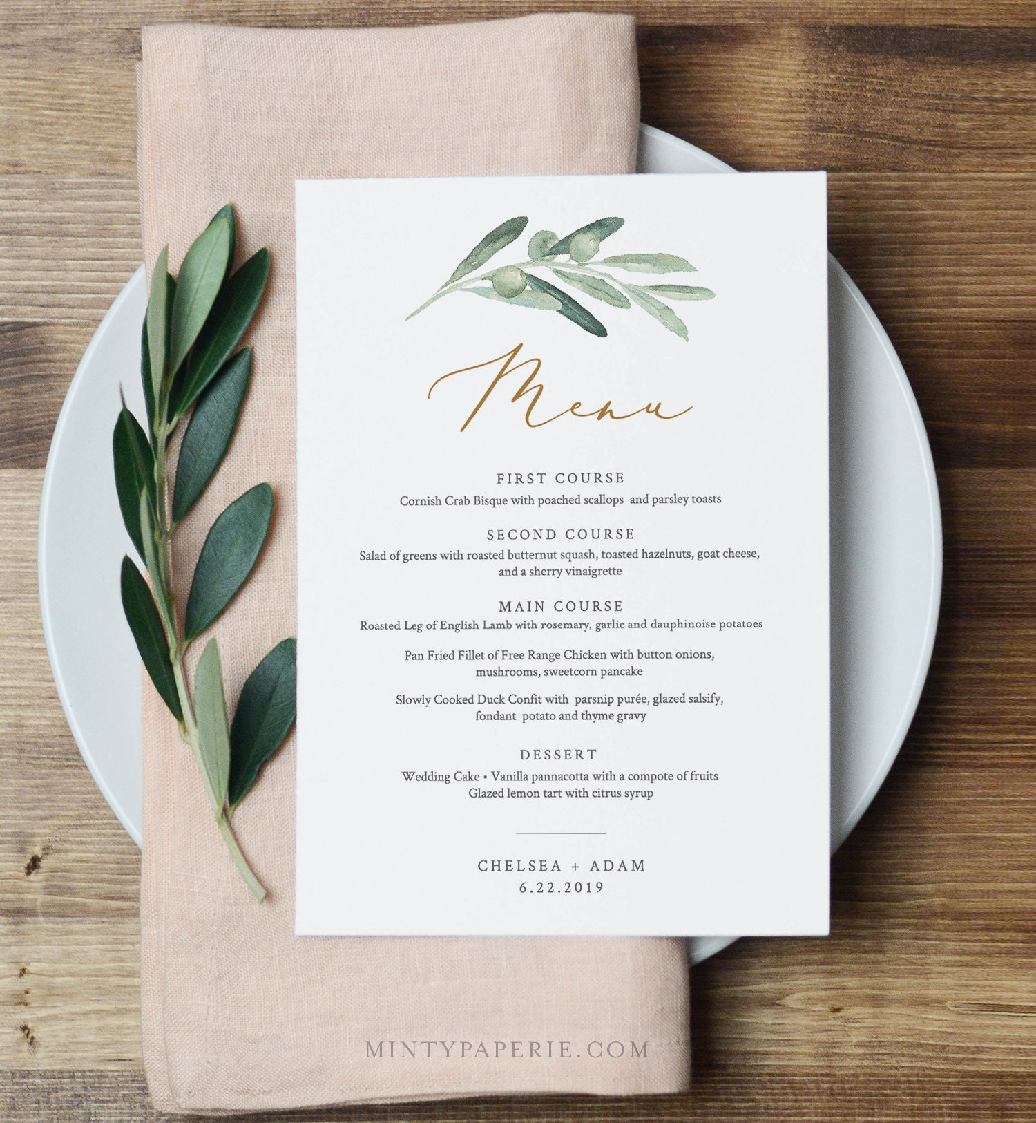 Wedding Menu Card Template Watercolor Olive Greenery Gold Wedding 