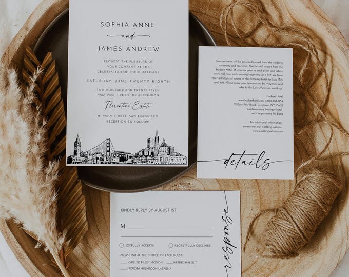 San Francisco Wedding Invitation Set, California Skyline, Photo Card, Editable Template, Includes Invite, RSVP, Details, Templett 0047