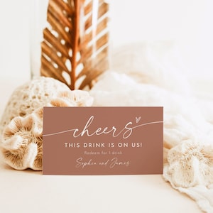 Boho Drink Ticket, Free Drink Card da Bride and Groom, Wedding Bar Drink Voucher, Token, Modello modificabile, Templett #0034T-107DT