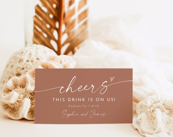 Bohemian Drink Ticket, Free Drink Card from Bride and Groom, Wedding Bar Drink Voucher, Token, Editable Template, Templett #0034T-107DT