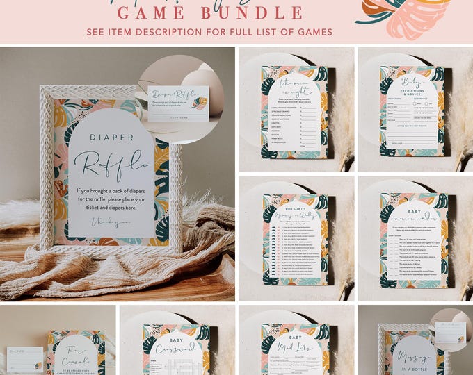 Aloha Tropical Baby Shower Game Bundle, 28 Games, Summer Baby Shower, Editable Template, Personalize, Instant Download, Templett #0043-BBGB