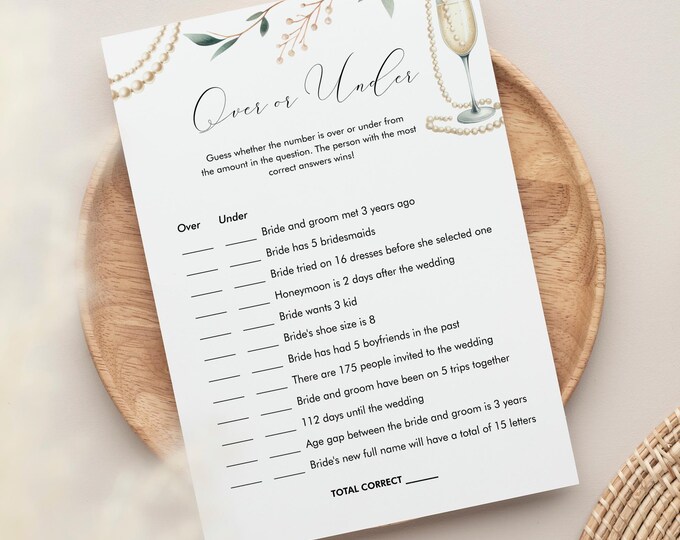 Over or Under Bridal Shower Game, Pearls and Prosecco, Printable Wedding Shower, Editable Template, Instant Download, Templett #0065-10BRG