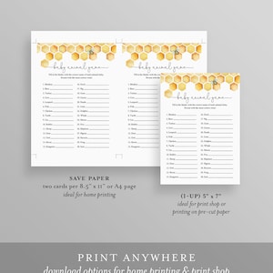 May include: Two printable baby animal game cards with a honeycomb pattern and a bee illustration. The game instructions are "Fill in the blanks with the correct name of each animal baby. Person with the most correct wins!" The cards are 8.5 inches by 11 inches and 5 inches by 7 inches.