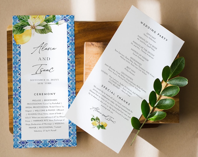 Mediterranean Lemon Wedding Program Template, Citrus Order of Service, Editable, Printable, Instant Download, Templett, 4x9 #0027-166WP