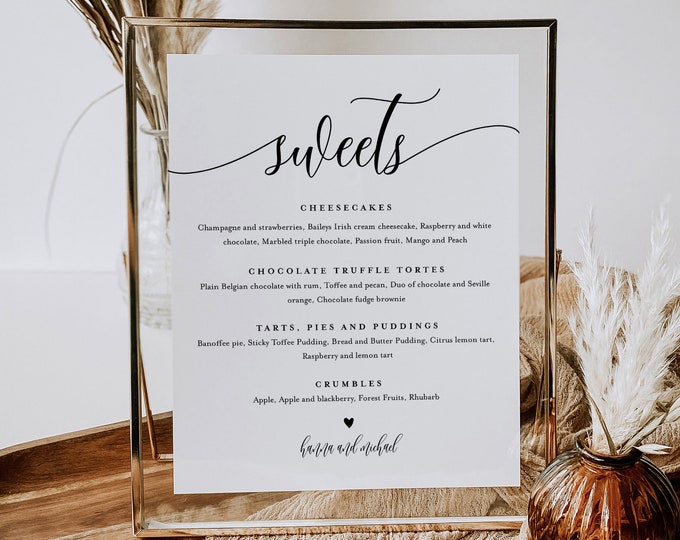 Dessert Menu Sign, Sweets Menu, Printable Minimalist Wedding Dessert Bar Station, Editable Template, Instant Download, Templett #008-103DM