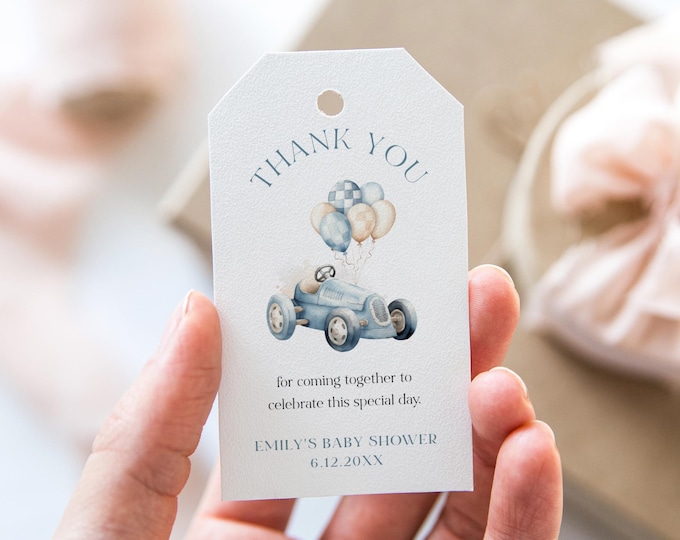 Vintage Race Car Theme Favor Tag, Birthday Tag, Boy Baby Shower Thank You Tag, Instant Download, Editable Template, Templett #0068-259FT