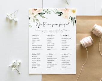 What's In Your Purse Game, Peach Floral Bridal Shower Game, Printable Purse Game, Instant Download, Editable Template, Templett #076-183BG
