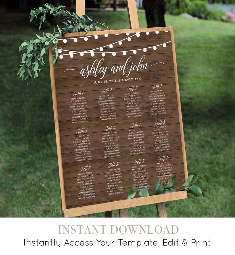 Seating Chart Template, Printable Wedding String Lights Seating / Table Number, 100% Editable, Instant Download, 18x24, 24x36 014-215SC image 1