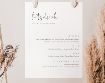 Minimalist Drink Menu Sign, Open Bar Sign, Alcohol, Wedding Bar Menu, Editable Template, Instant Download, Templett, 8x10, 18x24 #0031-116BM